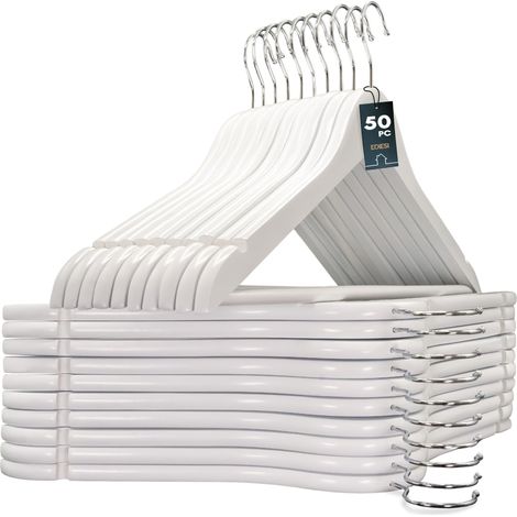 Cintres Bois, Lot de 50, Barre Antiglisse pour Pantalons, avec Encoches Antiglisse, Crochet Pivotant 360°, pour Costumes, Chemises, Manteaux (Blanc, 50 unités) (1/5)