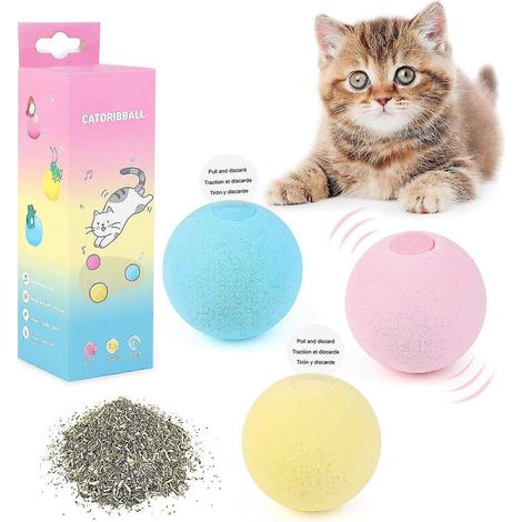 Jouet interactif pour chat : balle couineuse à l'herbe à chat, 3 couleurs/lot, pour chat d'intérieur, jouet sonore pour l'entraînement et le jeu, jouet à lancer pour chat et chien (1/5)
