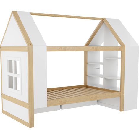 Cama cabaña infantil 90 x 200 cm con cajones, LED y almacenaje, blanco y madera natural, HOMVRA (1/5)