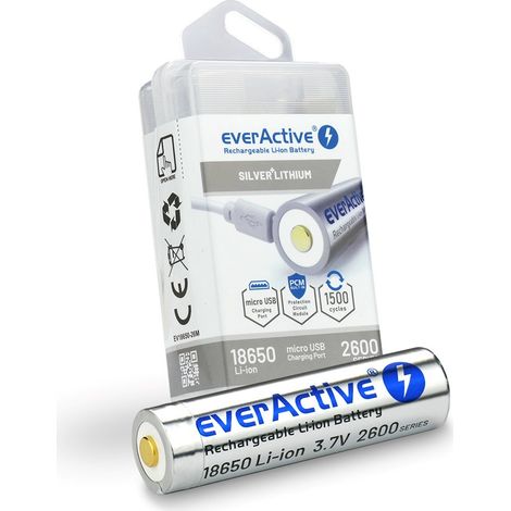 Battery everActive 18650 3.7V Li-ion 2600mAh micro USB with protection BOX (1/5)