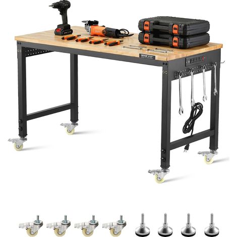 Établi Atelier Garage 1220 mm Table de Travail sur Roulettes à Hauteur Réglable, Capacité de Charge 907,2 kg avec Prise de Courant, Panneau Perforé, Établi Robuste en Chêne pour Bureau, Maison (1/5)