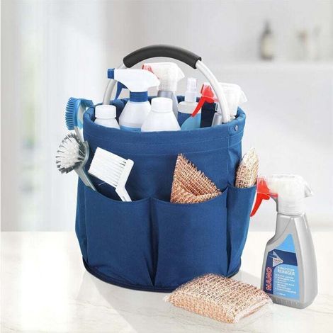 Lot de 2 paniers de rangement polyvalents Panier outils, sac de pansage, 6 poches, pliable avec poignée de transport rembourrées, Lot de 2, Polyester, Coloris bleu, Diam 28x Hauteur 54 cm