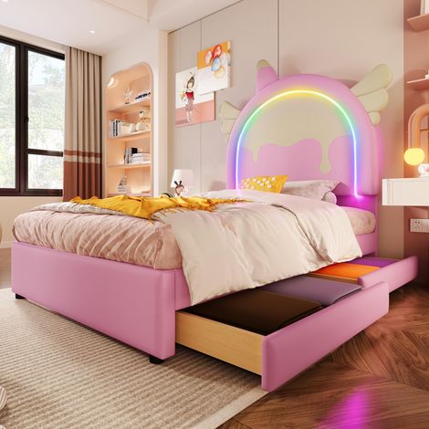 Lit capitonné, 90x200cm, sans matelas, avec bandeau lumineux, lit à 2 tiroirs, forme licorne, PU, rose, garantie 2 ans
