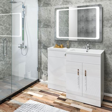 ELEGANT 1100 Bathroom Vanity Units with Basin L Shape High Gloss White Vanity Sink Units Right Hand + Vitreous Resin Basin + Concealed Cisterm, Ensuit Furniture Under Sink Cabinet (1/5)