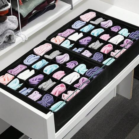 Boîte de rangement pour chaussettes et sous-vêtements – 24 compartiments – Organiseur de tiroir pliable pour économiser de l'espace dans un placard, noir (1/4)