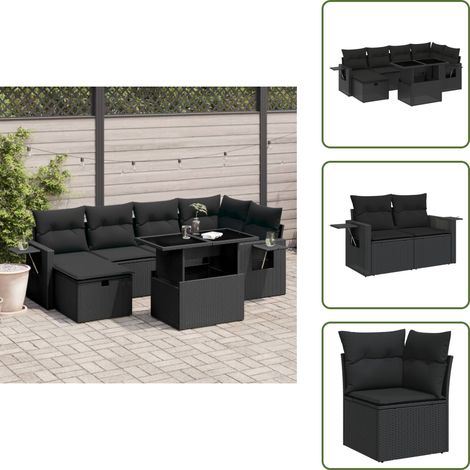 The Living Store Salon de jardin 7 pcs avec coussins noir résine tressée - Ensemble Salon De Jardin - Mobilier De Jardin - Table Extensible - Chaise Pliante - Fauteuil Extérieur (1/5)