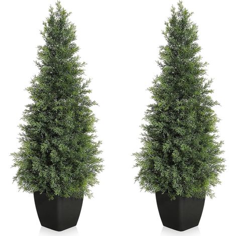 Lunsy – Lot de 2 plantes artificielles cèdre 90 cm – Protection UV – Pots en ciment pour stabilité – Décoration intérieure et extérieure (1/5)