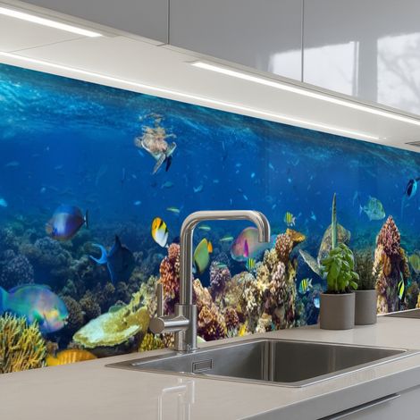 Kitchen Splashback Underwater landscape - Fish - Turtle - Blue 400x60 cm