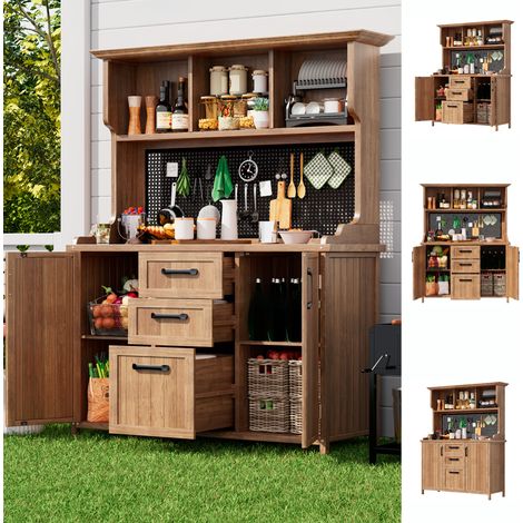Armoire, en bois et sapin, 3 tiroirs, 3 compartiments, avec étagères, pour jardin et terrasse, rangement pratique, format gain de place