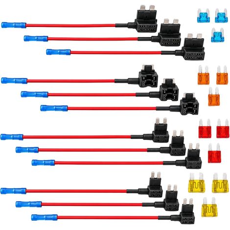 12 Pièces Adaptateur Porte Fusible 12V-24V avec Fusibles Mini Micro Kit Add A Fuse avec Fusibles 5A 10A 15A 20A, 4 Types pour Voiture Camion Moto, Installation Électrique 12V-24V