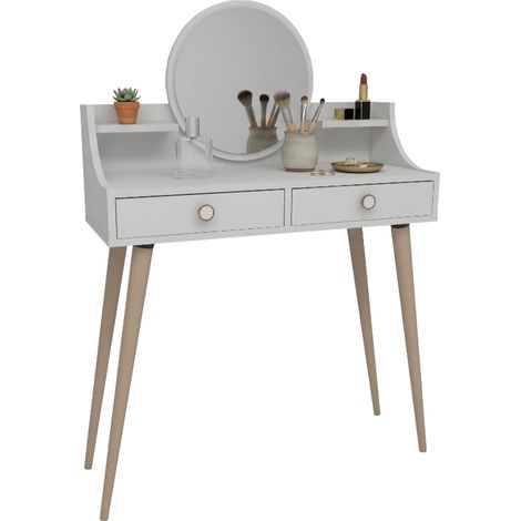 Peinadora Isernia, Mueble con Espejo Incluido, 2 Cajones, Estructura Marrón, 90x35x131h cm Blanco