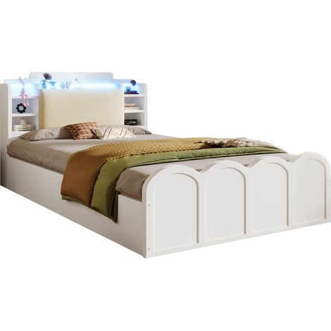 Lit coffre hydraulique 90x200 cm avec LED, USB et USB-C, tête de lit à rangement, blanc pour chambre enfant – CHICFURN (1/5)