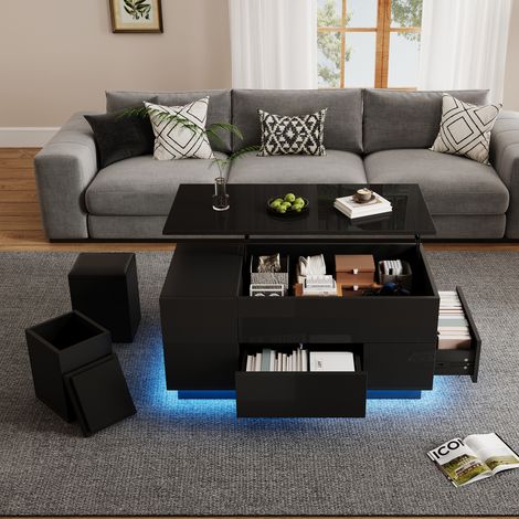 Table basse 4-en-1 100x50x45cm, réglable en hauteur, avec LED, 2 tiroirs, finition brillante, 2 tabourets, rangement caché, charge max 50kg, noir (1/5)