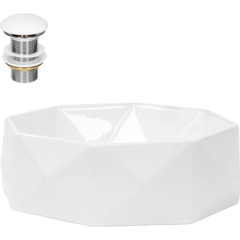 ML-Design Waschbecken Keramik Weiß glänzend Ø 42x13,5 cm inkl. Ablaufgarnitur ohne Überlauf, Diamant Design, Aufsatzwaschbecken Moderne Waschtisch Waschschale Waschplatz Handwaschbecken für Badezimmer