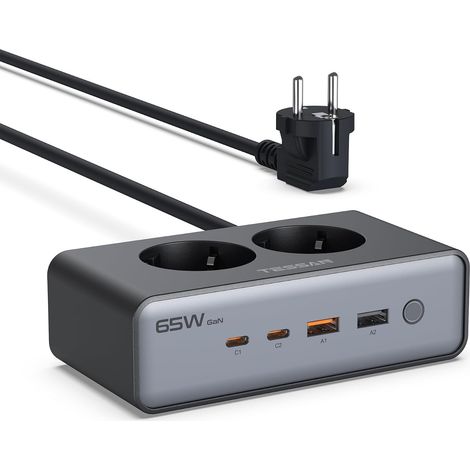 Chargeur USB C, 6-en-1 Prise USB C avec 2 Prises CA, GaN PD 65W Station de Charge Rapide avec Interrupteur, Chargeur Multiple avec câble de Prolongation de 1,5 m pour Le Bureau et Les Voyages (1/5)