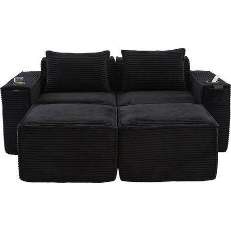 Divano modulare 2 posti in velluto a coste nero con 2 pouf, portabicchieri e tasche laterali (1/5)