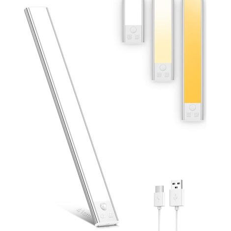 Éclairage sous meuble de cuisine, 3 couleurs, intensité variable, 32 LED, détecteur de mouvement, éclairage intérieur, batterie rechargeable USB-C 1000 mAh (50 cm - 1 unité) (1/5)