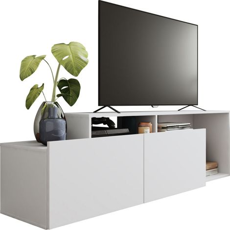 Beaux Meubles Pas Chers – Meuble TV 50 pouces blanc – 2 portes abattantes – 6 niches de rangement – Dimensions L 164 x H 46.5 x P 37.5 cm (1/5)