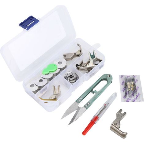 Lot de 15 accessoires de machine à coudre : aiguilles, pieds presseurs, vis de montage, outil d'enfilage et de retrait (1/5)