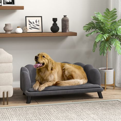 Sofá para perros (98.5x60.5x35.5 cm), asiento acolchado, patas de madera, poliéster gris oscuro (1/5)