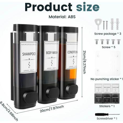 (noir 1) Distributeur de savon liquide mural pour salle de bain, porte-gel hydroalcoolique à trois têtes, support mural pour savon, shampoing, gel douche et liquide vaisselle. (1/5)