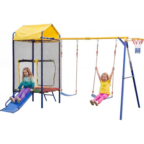 Multifunktionales Outdoor-Schaukel-Set,Kinder Spielturm Outdoor mit Trampolin, Schaukel & Rutsche – Multifunktionales Spielgerät für Garten, mit Sicherheitsnetz, Basketballkorb & stabilem Eisenrahmen