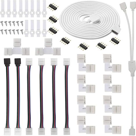 5050 Kit de connecteur de bande lumineuse à LED RGB à 4 broches Comprend Câble de diviseur, câbles de connecteur pour Bande LED, Connecteurs en forme L, Connecteurs Mâles 4 Broches