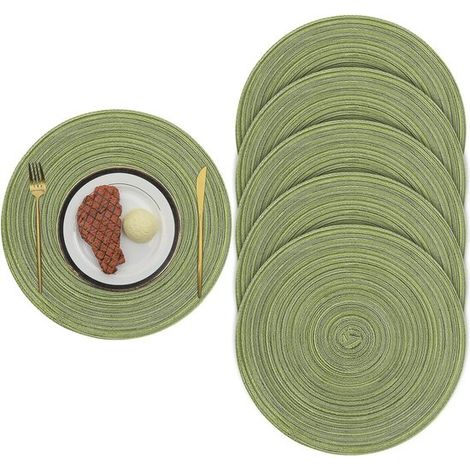 6-teiliges Set aus runden, gewebten Platzsets (38 cm Durchmesser), isoliert und rutschfest, aus Baumwolle, für Restaurants (Grün), waschbar, für Hochzeiten