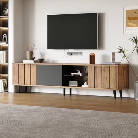 Meuble TV, avec 3 portes de rangement et 1 séparateur, charnières de sécurité, 6 pieds de support, compatible avec les téléviseurs 75 pouces, 175 x 31 x 45 cm, Naturel (1/5)