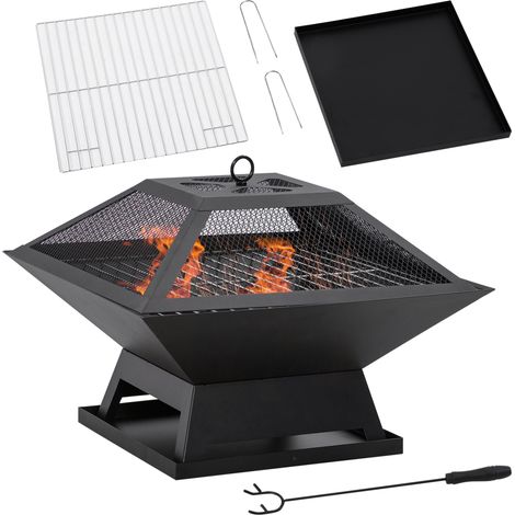 Brasero noir en acier pour jardin multifonctionnel avec pare-étincelles et tisonnier 45x45x34 cm, chauffage extérieur design pratique pour terrasse conviviale