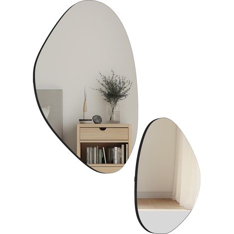 Lot de 2 miroirs muraux, miroirs décoratifs irréguliers en forme de galet, cadre en métal, 70 x 46 cm/49,5 x 31 cm, noir