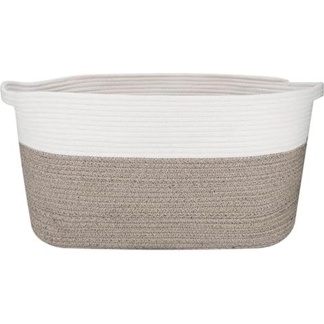 Panier de rangement en corde de coton extra large 65L, panier en osier durable pour linge, salon, chambre, grand panier rectangulaire pour chaussures, jouets, serviettes, blanc et kaki, 57 x 38 x 30 c