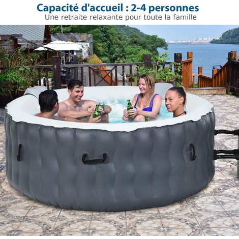 COSTWAY Spa Gonflable avec Appuie-tête, Porte-gobelets, 180 x 68 CM, Spa Rond Portable à 4 Personnes pour Intérieur/Extérieur Gris (1/5)