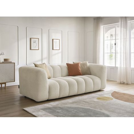 Bobochic – Canapé droit 3 places tissu bouclette beige – Longueur 230cm – Largeur 107cm – Hauteur 75cm – Style moderne (1/5)