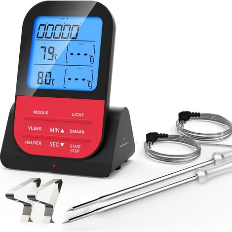 Thermometre Viande Sans Fil - Plage -20 À 250 °C - Écran LCD Rétroéclairé - Fonction Minuterie Et Alarme - 2 Sonde En Acier Inoxydable - Pour Grill Et Four
