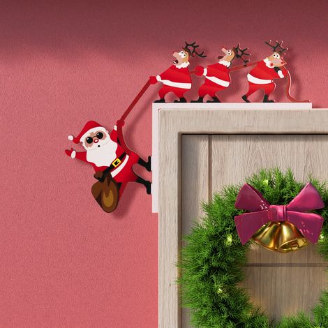 Türrahmendekoration mit Weihnachtsmannmotiv, Rentier zieht Weihnachtsmann-Türeckenaufkleber aus Holz, kreative Türrahmenverzierung