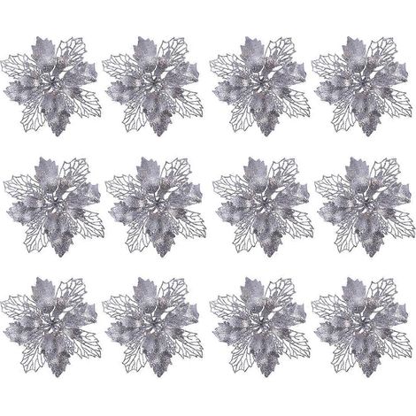 12 Poinsettias à paillettes, fleurs artificielles creuses, décorations de Noël à suspendre au sapin (argenté)-14.5X14.5cm-Silver