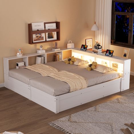 Lit double modulable,Lit enfant 180x200 cm séparable en 2 lits 90x200 avec coffres hydrauliques,LED,prises,rangements Pin MDF Blanc (1/5)
