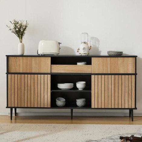 Commode - KOMHTOM - 160x40x80 cm - Chêne naturel et noir - 4 portes coulissantes - 1 tiroir & étagères réglables (1/5)