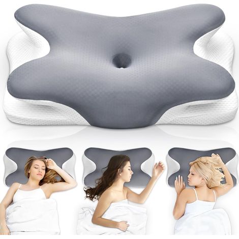 Oreiller Ergonomique Cervical, 2 en 1 Oreiller Memoire Forme pour la Nuque, pour Dormir sur Le côté, Le Dos et Le Ventre, 67 x 37 x 9/12cm, Gris (1/5)