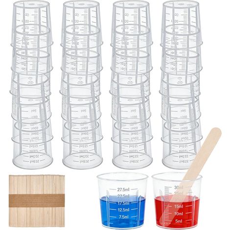 Set of 60 colored 30ml mixing cups with graduations, mini transparent polypropylene measuring cups, with 50 wooden stirrers, small measuring cups for epoxy resin