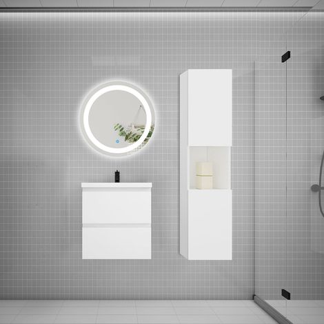 AICA Ensemble meuble vasque L.50cm 2 tiroirs + lavabo + LED miroir rond 60cm + colonne,blanc,easy (1/5)
