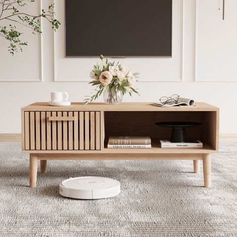 Table Basse Bois 100x50x43 cm Style Scandinave, Table de Salon avec Rangement, 1 Tiroir et Espace Ouvert, Pieds en Bois Massif (1/5)