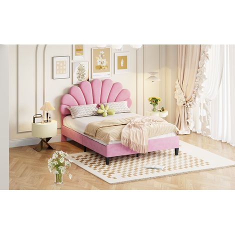 Lit double rembourré rose, 140 x 200 cm, en velours doux au toucher (1/5)