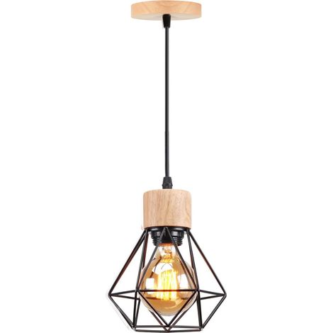 Wottes – Suspension industrielle vintage en métal et bois Ø15,5 cm – Culot E27 – Tension 111V-240V – Câble réglable 100 cm – Lustre décoratif noir (1/4)