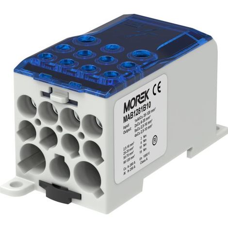 Bloc distribution alu cuivre 280A bleu - in 1x120mm² - out 2x35/5x16/4x10mm² - MOREK