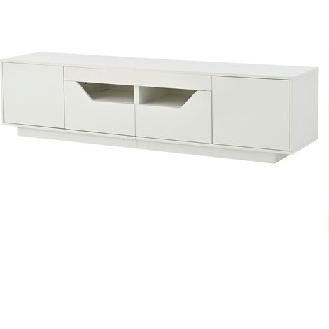 Meuble TV blanc laqué 180x40x45 cm avec 2 tiroirs, 2 compartiments et éclairage LED, support jusqu'à 75 pouces (1/5)