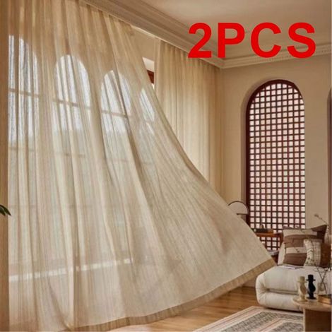 Rideau Gaze - Lin 100 % - Rayé - Pour Salon Et Chambre À Coucher - Hauteur 250 Cm - Largeur 140 Cm - Lot De 2 (1/5)