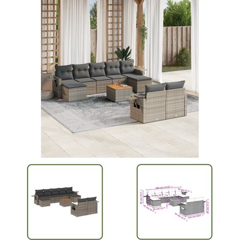 The Living Store 10-tlg. Garten-Sofagarnitur mit Kissen Grau Poly Rattan - Gartenmöbel - Outdoor Möbel - Rattan Gartenset - Lounge Set - Esszimmergarnitur