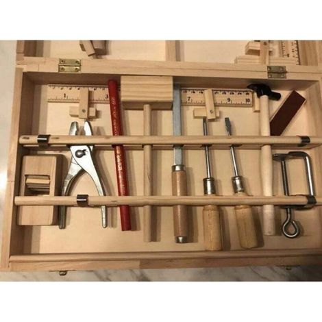 Coffret multi-outils en bois pour enfants – 16 pièces – Outils de menuisier réalistes – Boîte de rangement en bois (1/5)